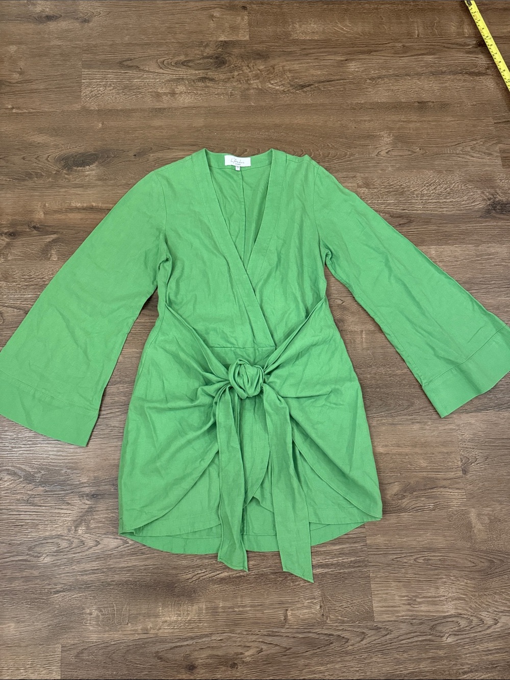 L'Academie Bright Green Linen Blend Wrap Tunic with Waist Tie Size Small
